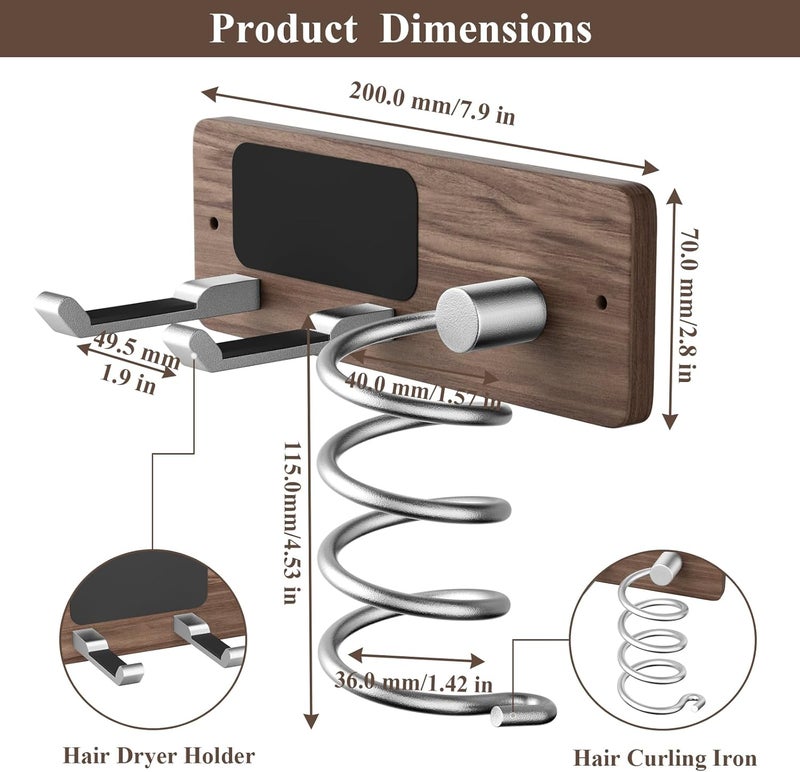 Tindbea Hair Dryer Holder Curling Iron Holder, Blow Dryer Holder Wall Mount, Bathroom Hair Tool Organizer Rack for Universal Dryer, Walnut Wood Silver Color Metal - Image 3